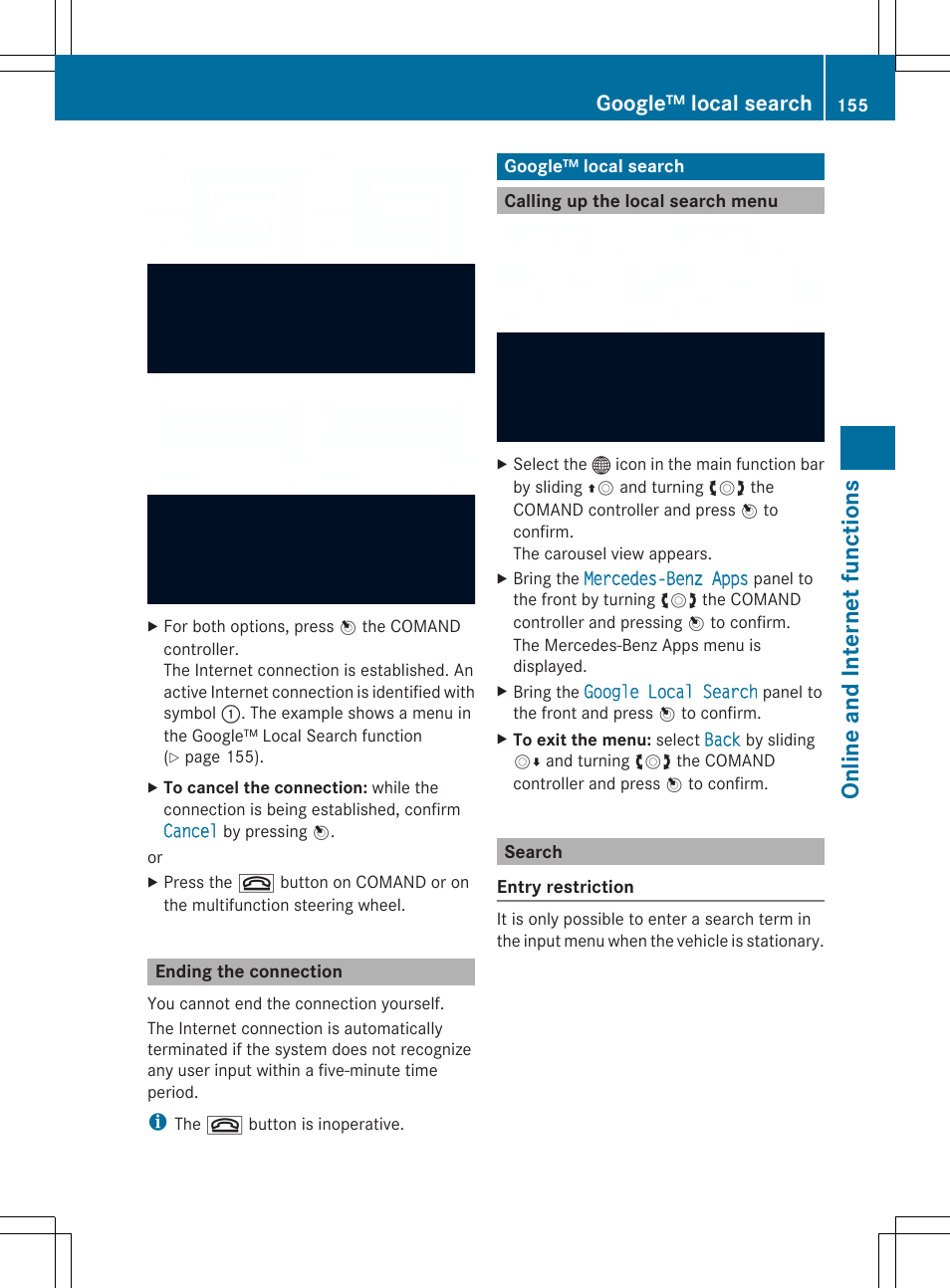 Onl ine and interne tfunc tio ns, Google™ local search | Mercedes-Benz SLS-Class 2013 COMAND Manual User Manual | Page 157 / 274