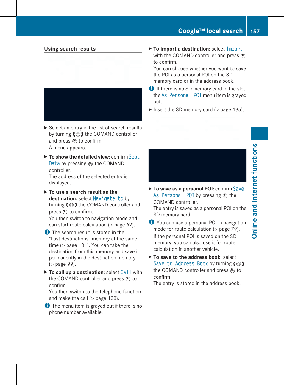 Online and internet funct ions, Google™ local search | Mercedes-Benz SLS-Class 2013 COMAND Manual User Manual | Page 159 / 274