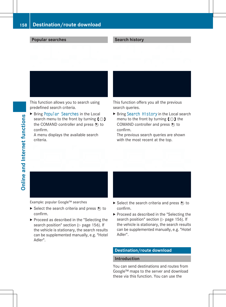 Online and internet functions, Destination/route download | Mercedes-Benz SLS-Class 2013 COMAND Manual User Manual | Page 160 / 274