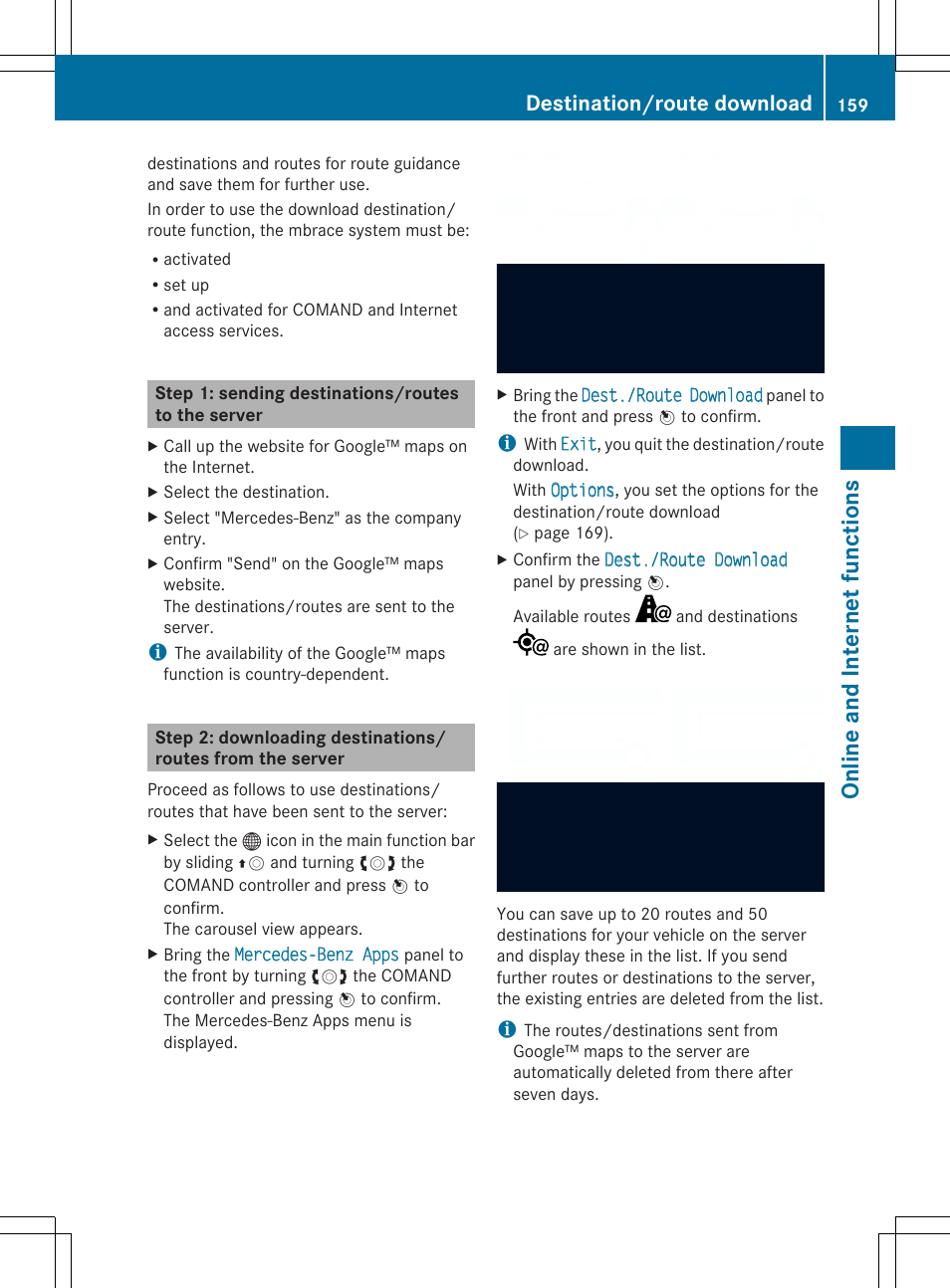 Online and internet funct ions, Destination/route download | Mercedes-Benz SLS-Class 2013 COMAND Manual User Manual | Page 161 / 274
