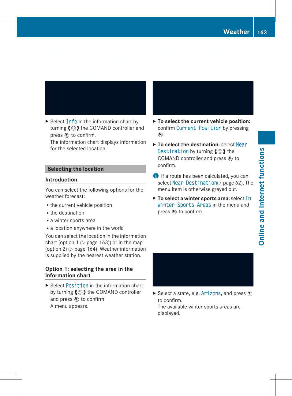 On line and in terne tfunc tio ns, Weather | Mercedes-Benz SLS-Class 2013 COMAND Manual User Manual | Page 165 / 274