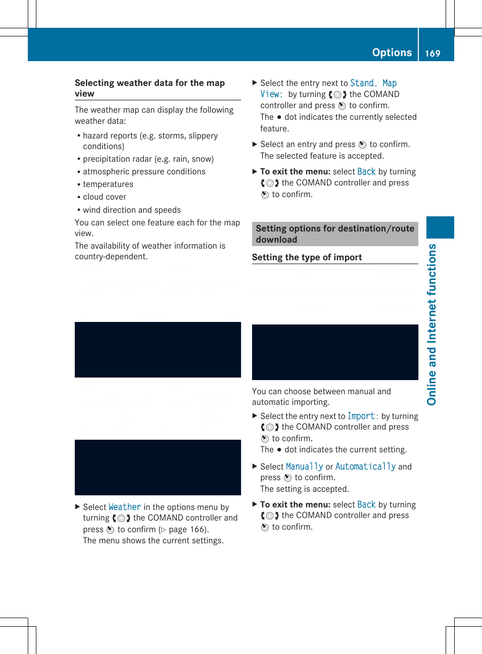 Online and internet functions, Options | Mercedes-Benz SLS-Class 2013 COMAND Manual User Manual | Page 171 / 274
