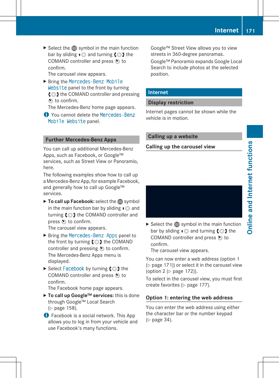 On line and in terne tfunc tio ns, Internet | Mercedes-Benz SLS-Class 2013 COMAND Manual User Manual | Page 173 / 274
