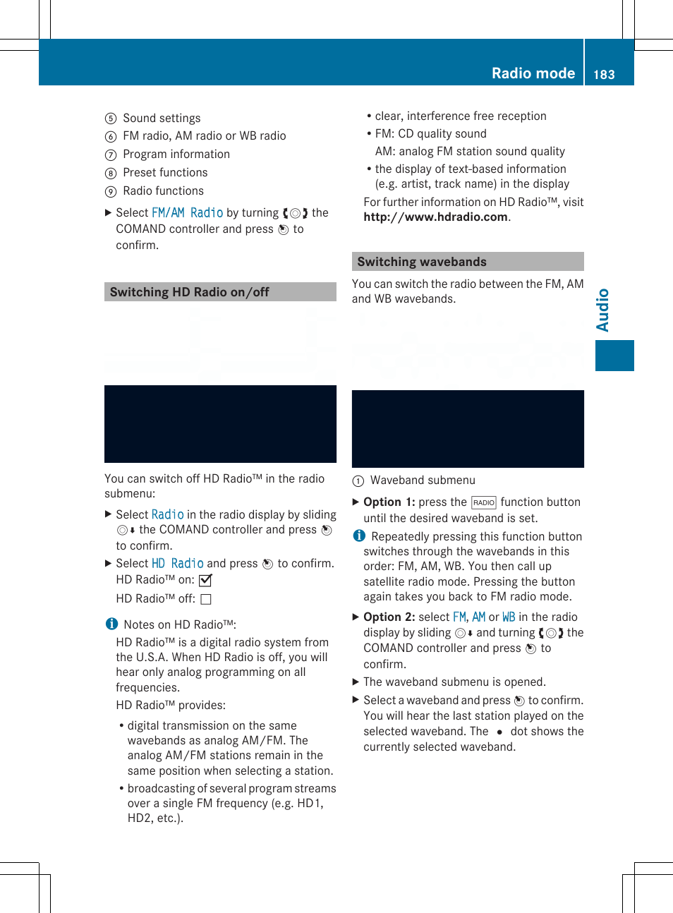 Au dio, Radio mode | Mercedes-Benz SLS-Class 2013 COMAND Manual User Manual | Page 185 / 274