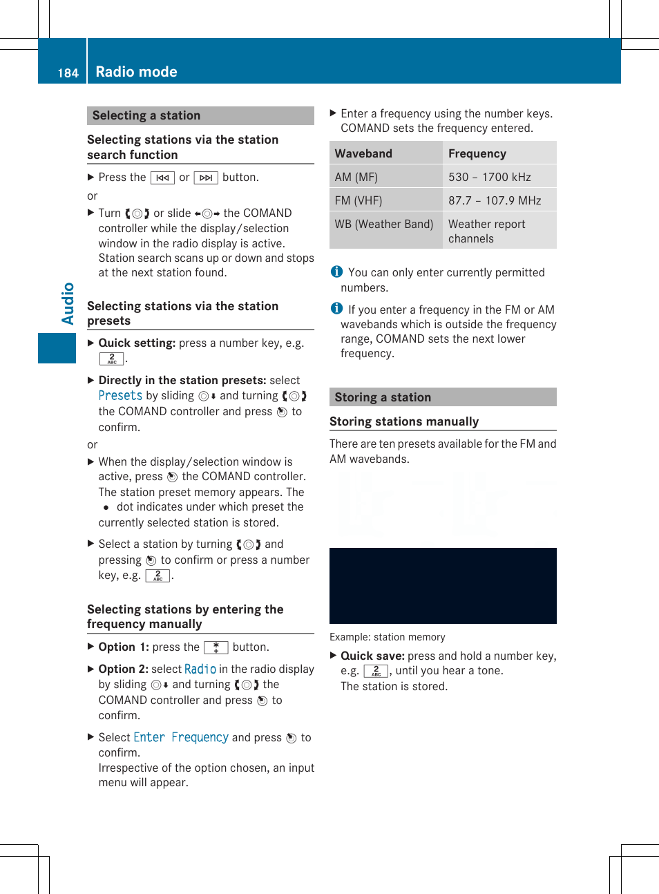 Audio, Radio mode | Mercedes-Benz SLS-Class 2013 COMAND Manual User Manual | Page 186 / 274