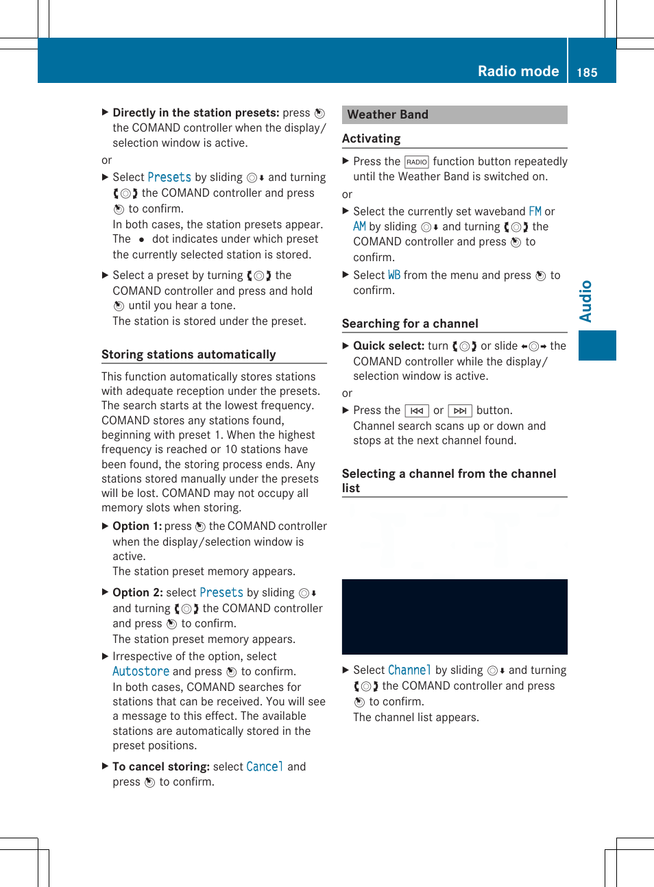 Aud io, Radio mode | Mercedes-Benz SLS-Class 2013 COMAND Manual User Manual | Page 187 / 274