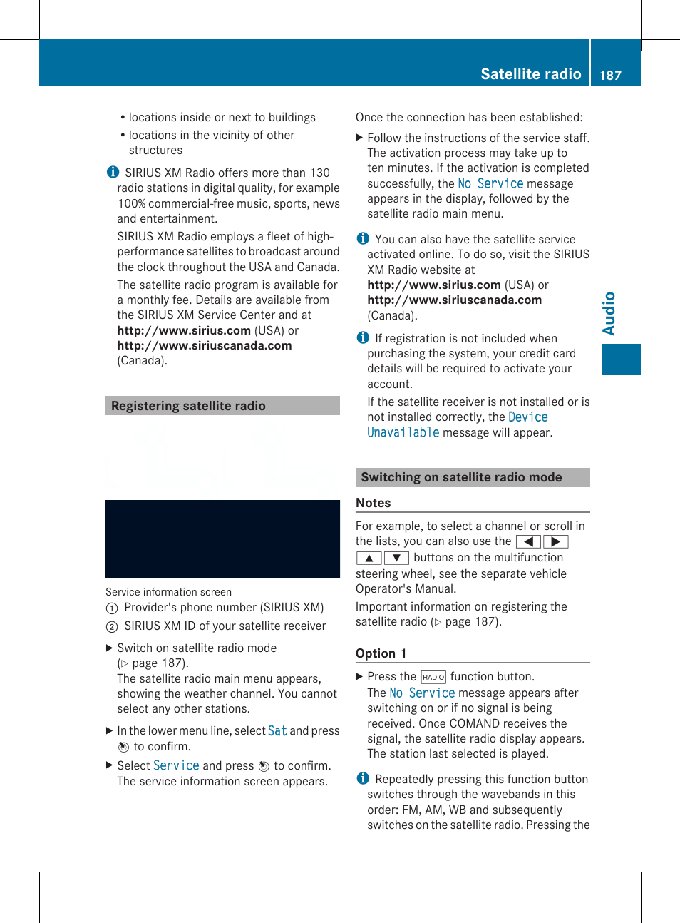 Audio, Satellite radio | Mercedes-Benz SLS-Class 2013 COMAND Manual User Manual | Page 189 / 274