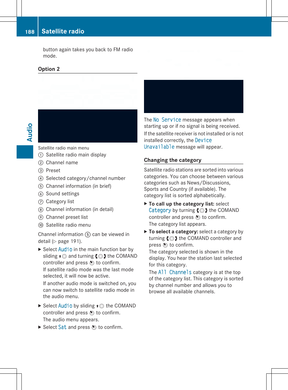 Audio, Satellite radio | Mercedes-Benz SLS-Class 2013 COMAND Manual User Manual | Page 190 / 274