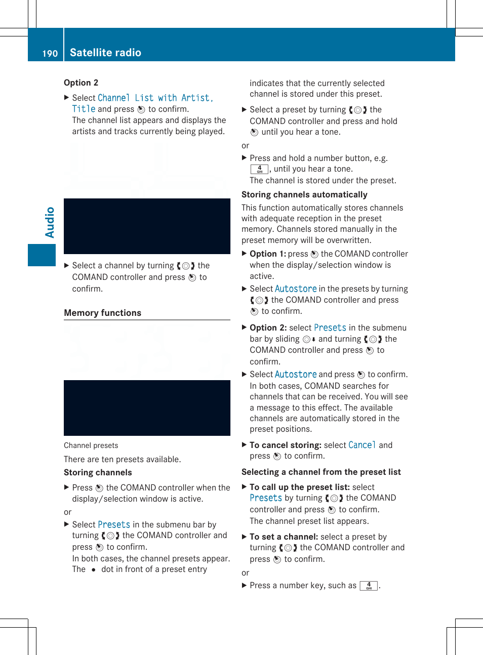 Audio, Satellite radio | Mercedes-Benz SLS-Class 2013 COMAND Manual User Manual | Page 192 / 274