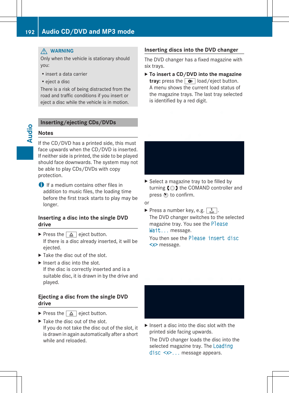 Audio, Audio cd/dvd and mp3 mode | Mercedes-Benz SLS-Class 2013 COMAND Manual User Manual | Page 194 / 274