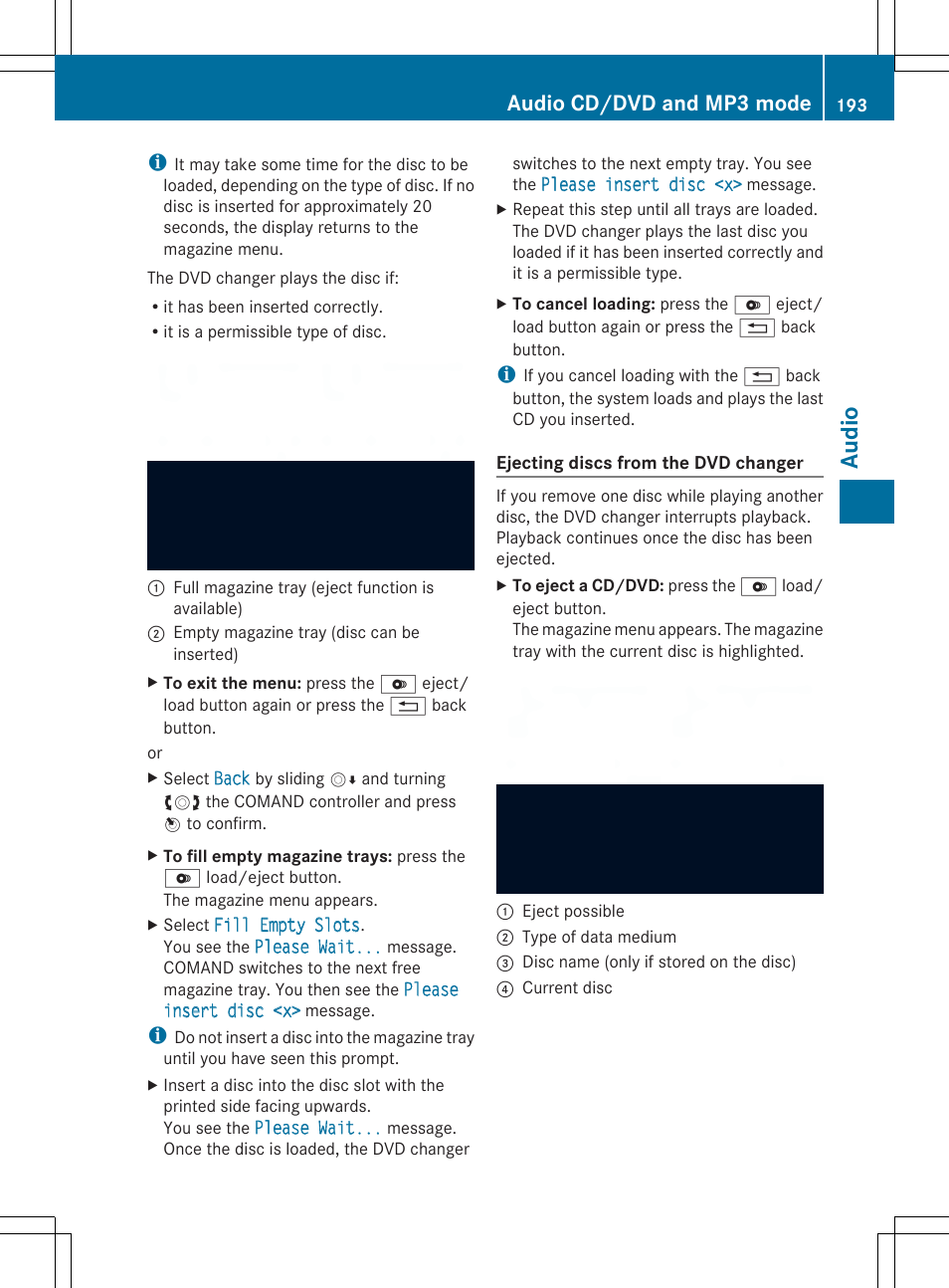 Audio, Audio cd/dvd and mp3 mode | Mercedes-Benz SLS-Class 2013 COMAND Manual User Manual | Page 195 / 274