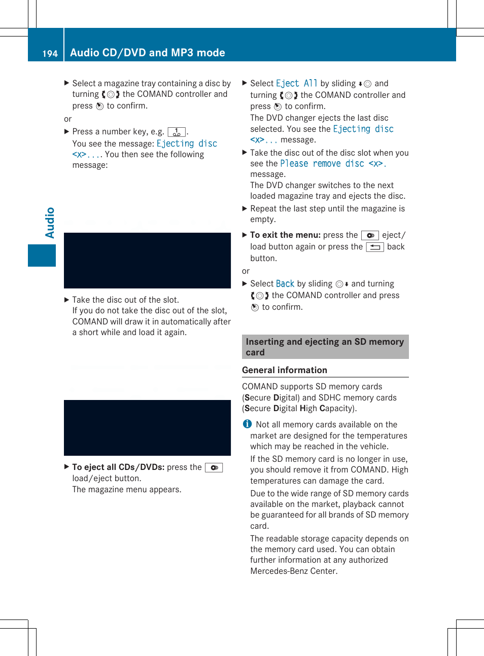 Au dio, Audio cd/dvd and mp3 mode | Mercedes-Benz SLS-Class 2013 COMAND Manual User Manual | Page 196 / 274