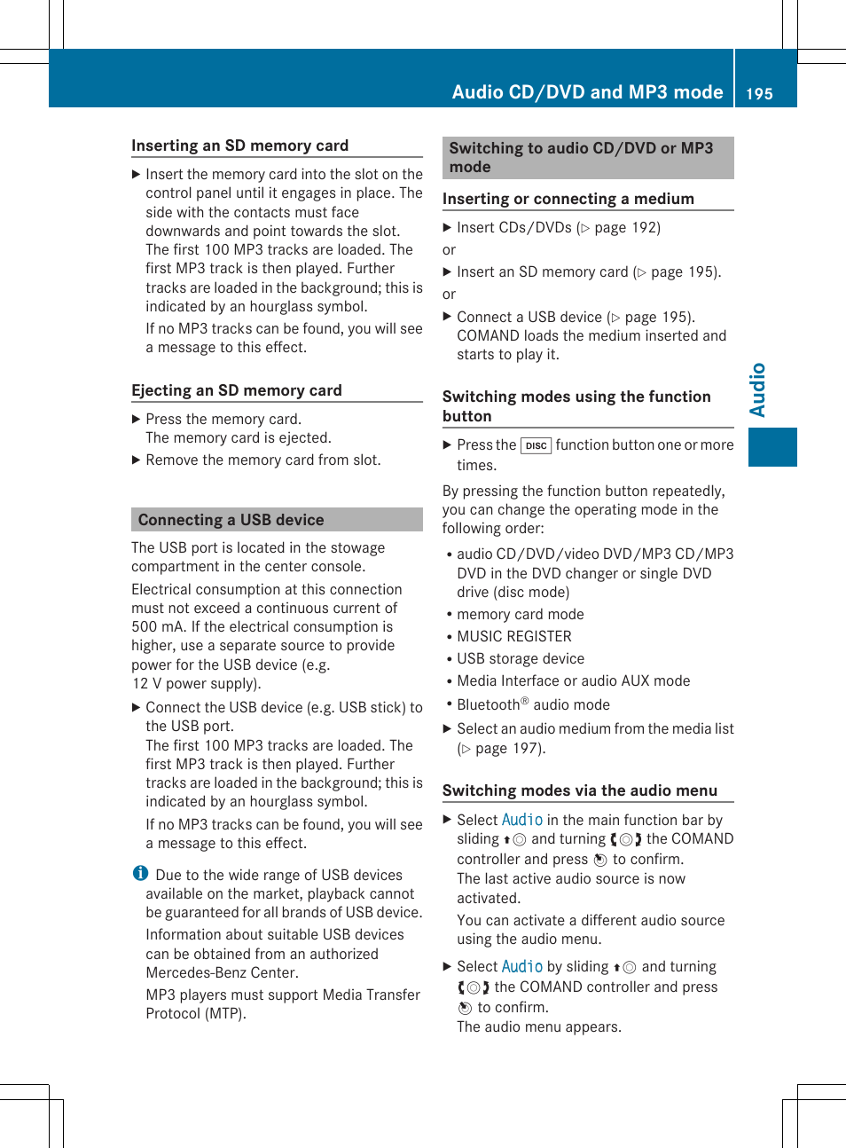 Aud io, Audio cd/dvd and mp3 mode | Mercedes-Benz SLS-Class 2013 COMAND Manual User Manual | Page 197 / 274
