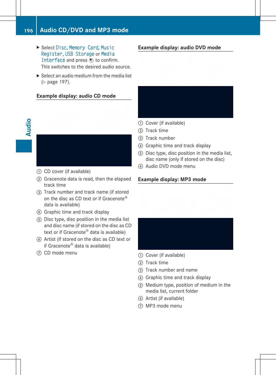 Au dio, Audio cd/dvd and mp3 mode | Mercedes-Benz SLS-Class 2013 COMAND Manual User Manual | Page 198 / 274