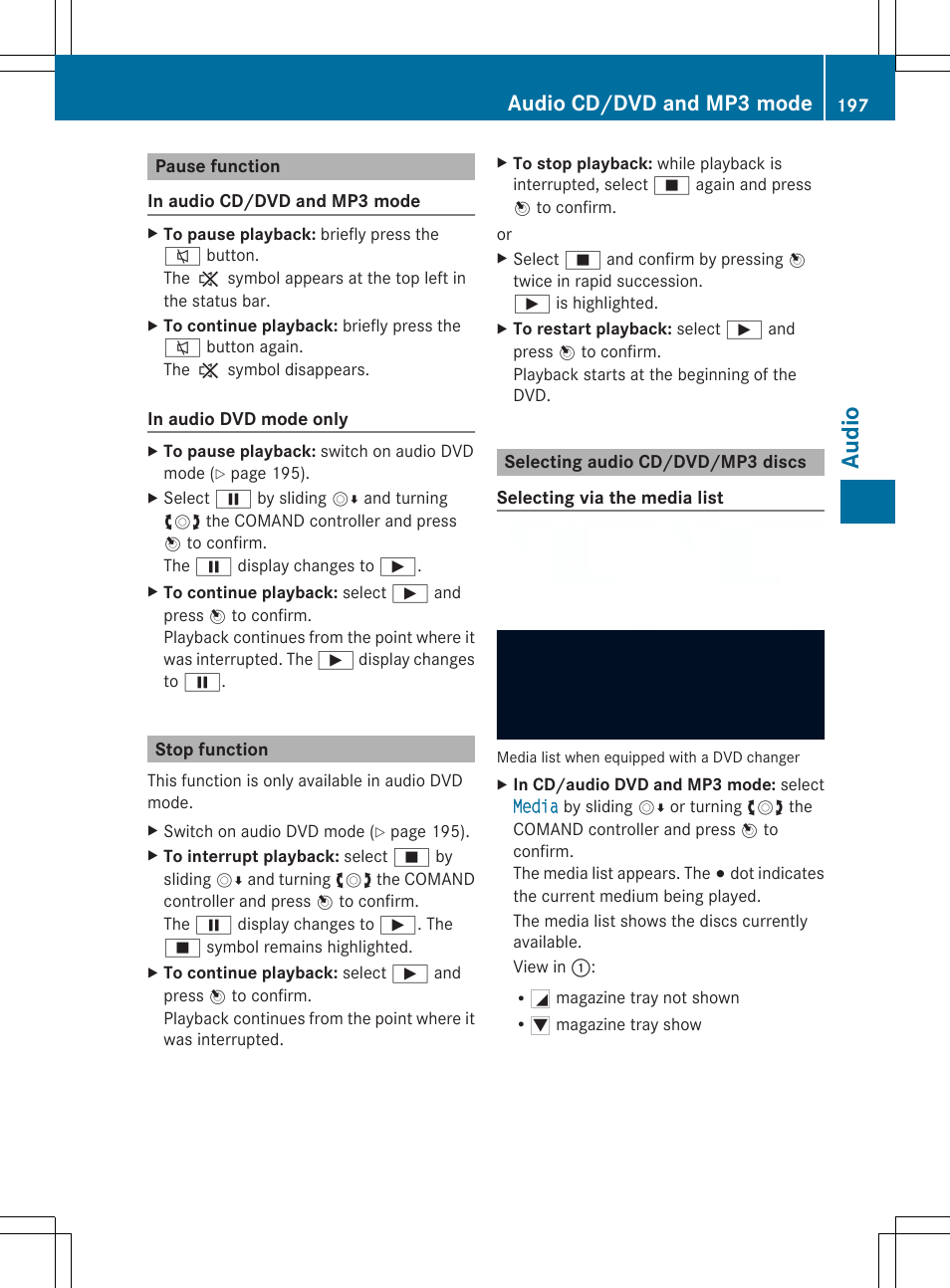 Audio, Audio cd/dvd and mp3 mode | Mercedes-Benz SLS-Class 2013 COMAND Manual User Manual | Page 199 / 274