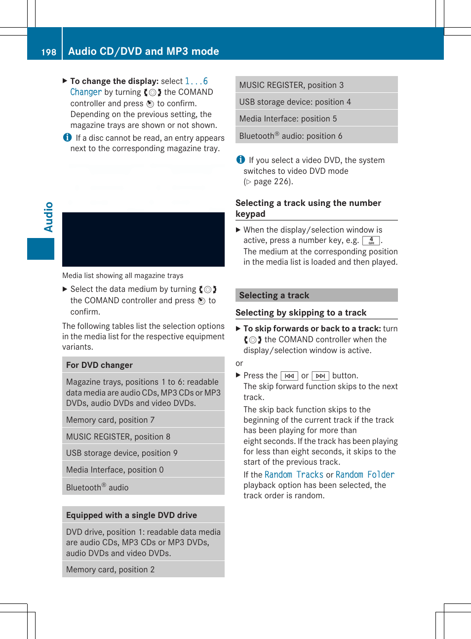 Au dio, Audio cd/dvd and mp3 mode | Mercedes-Benz SLS-Class 2013 COMAND Manual User Manual | Page 200 / 274