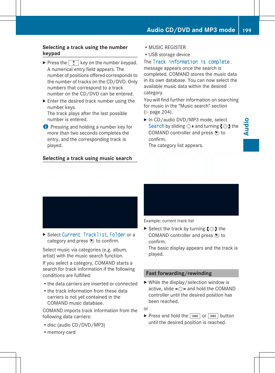Audio, Audio cd/dvd and mp3 mode | Mercedes-Benz SLS-Class 2013 COMAND Manual User Manual | Page 201 / 274