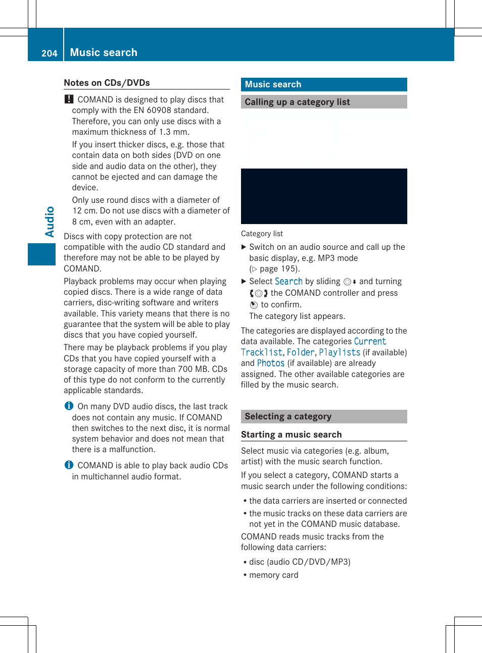 Aud io, Music search | Mercedes-Benz SLS-Class 2013 COMAND Manual User Manual | Page 206 / 274