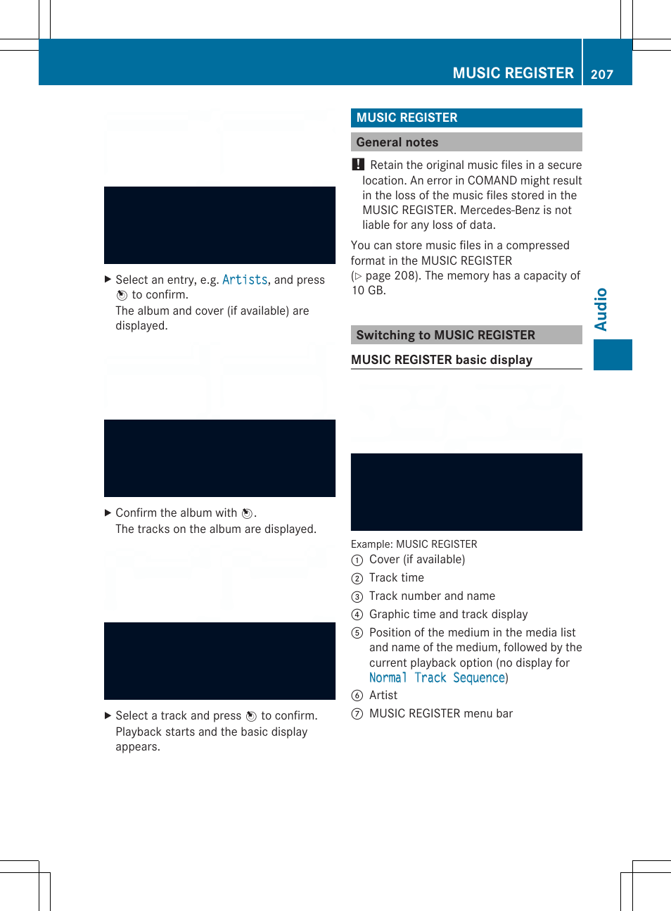 Au dio, Music register | Mercedes-Benz SLS-Class 2013 COMAND Manual User Manual | Page 209 / 274