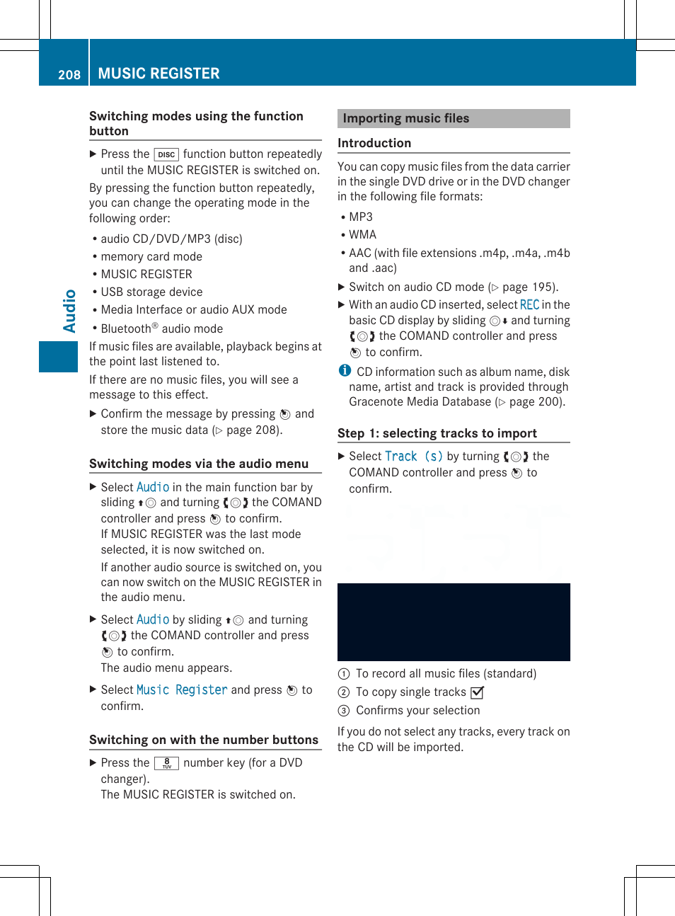 Audio, Music register | Mercedes-Benz SLS-Class 2013 COMAND Manual User Manual | Page 210 / 274