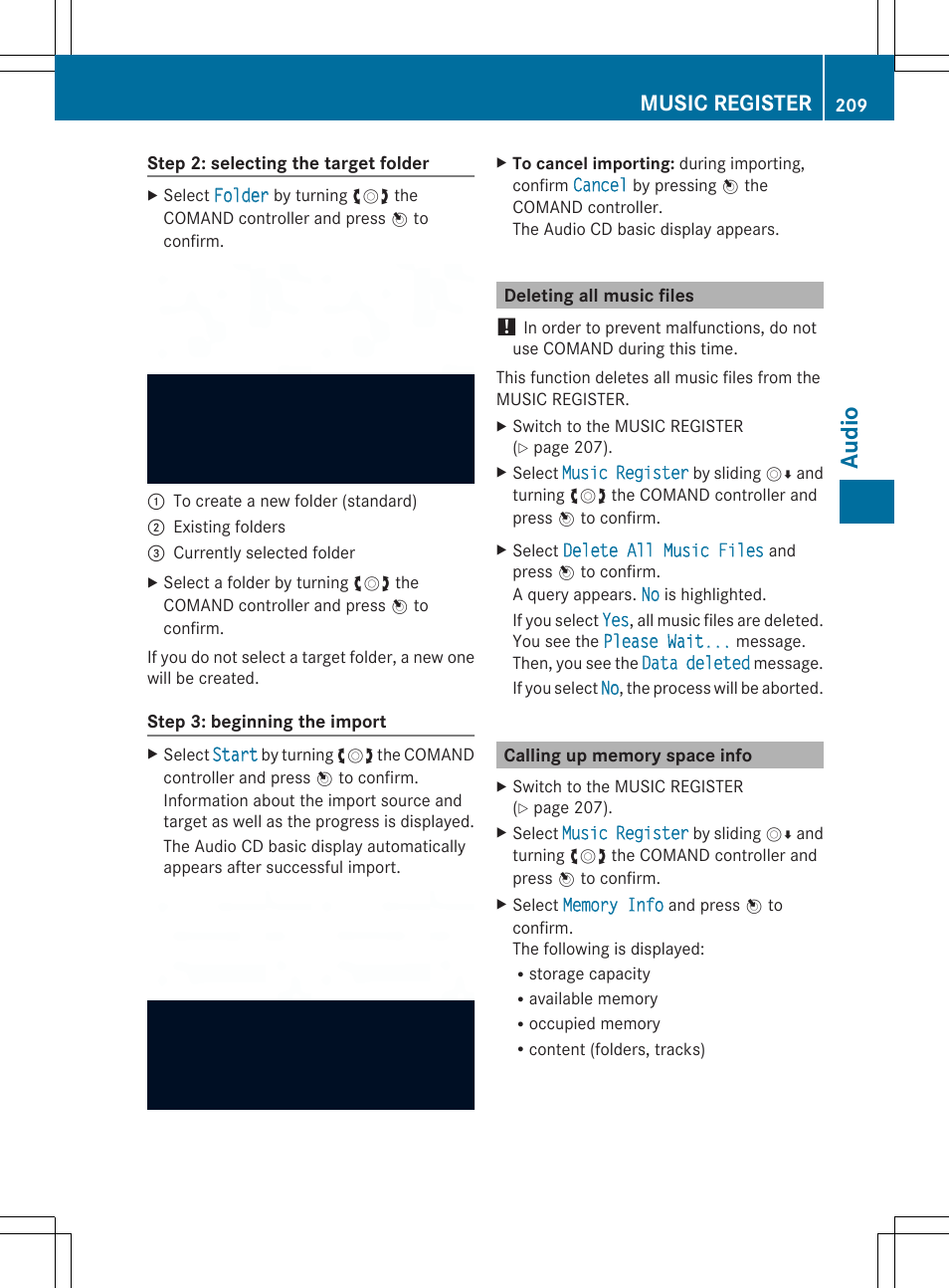 Audio, Music register | Mercedes-Benz SLS-Class 2013 COMAND Manual User Manual | Page 211 / 274