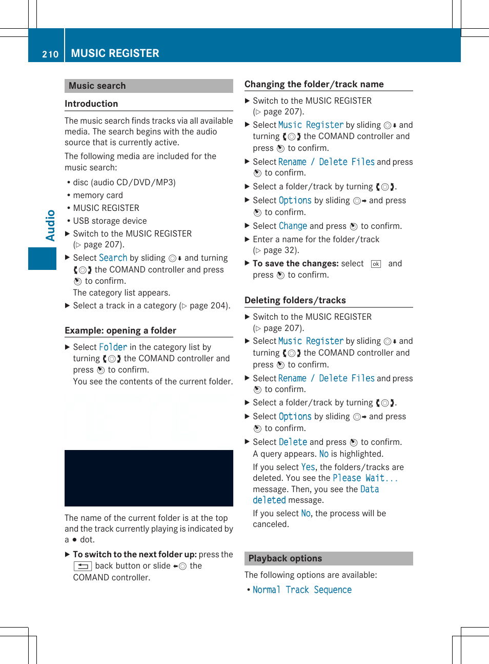 Audio, Music register | Mercedes-Benz SLS-Class 2013 COMAND Manual User Manual | Page 212 / 274