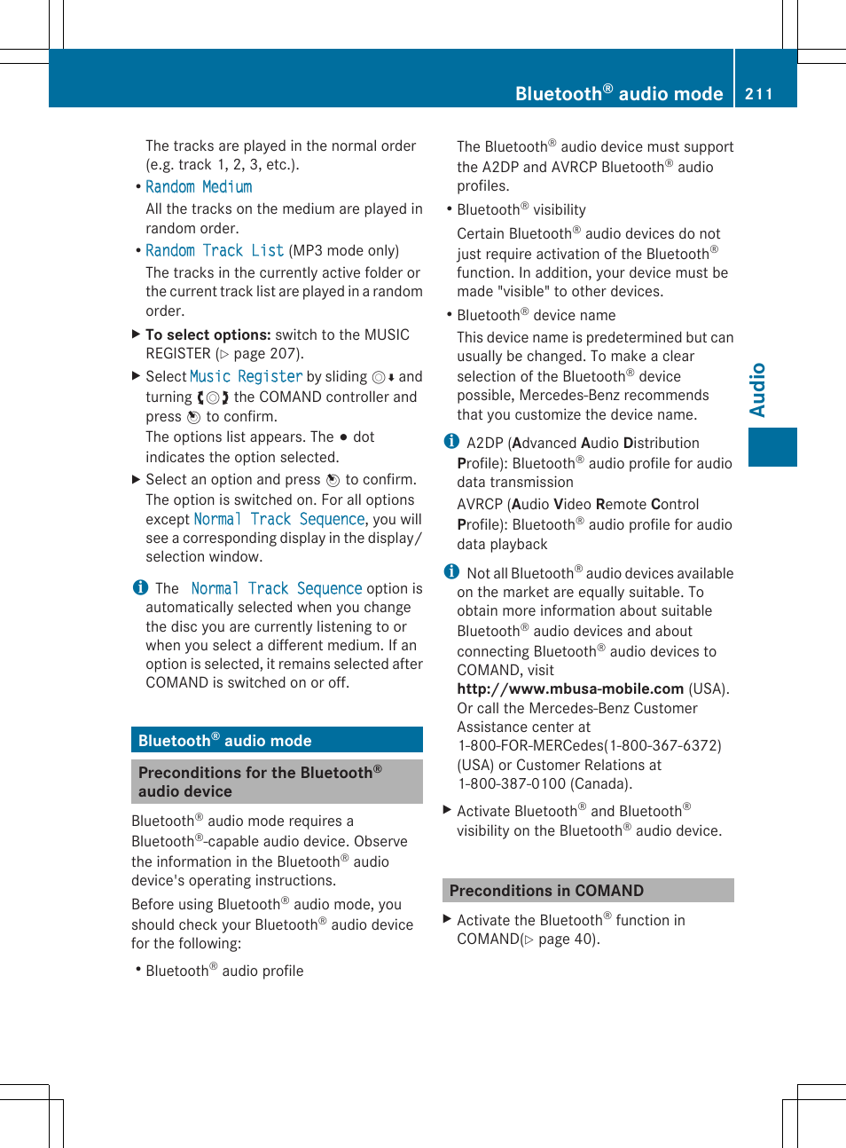Audio, Bluetooth, Audio mode | Mercedes-Benz SLS-Class 2013 COMAND Manual User Manual | Page 213 / 274