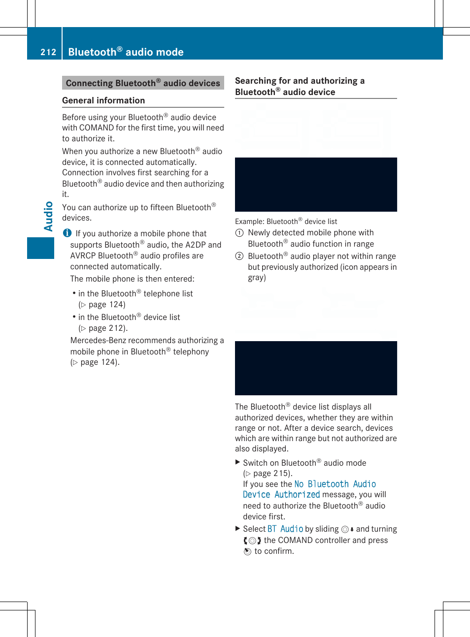 Aud io, Bluetooth, Audio mode | Mercedes-Benz SLS-Class 2013 COMAND Manual User Manual | Page 214 / 274