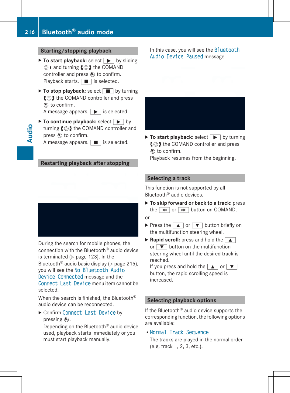 Audio, Bluetooth, Audio mode | Mercedes-Benz SLS-Class 2013 COMAND Manual User Manual | Page 218 / 274
