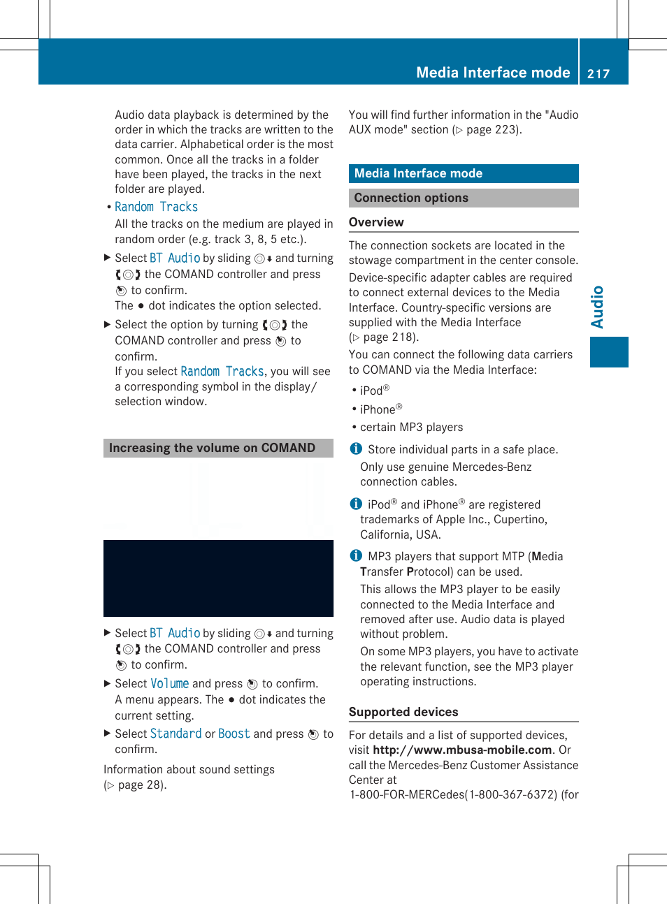 Au dio, Media interface mode | Mercedes-Benz SLS-Class 2013 COMAND Manual User Manual | Page 219 / 274
