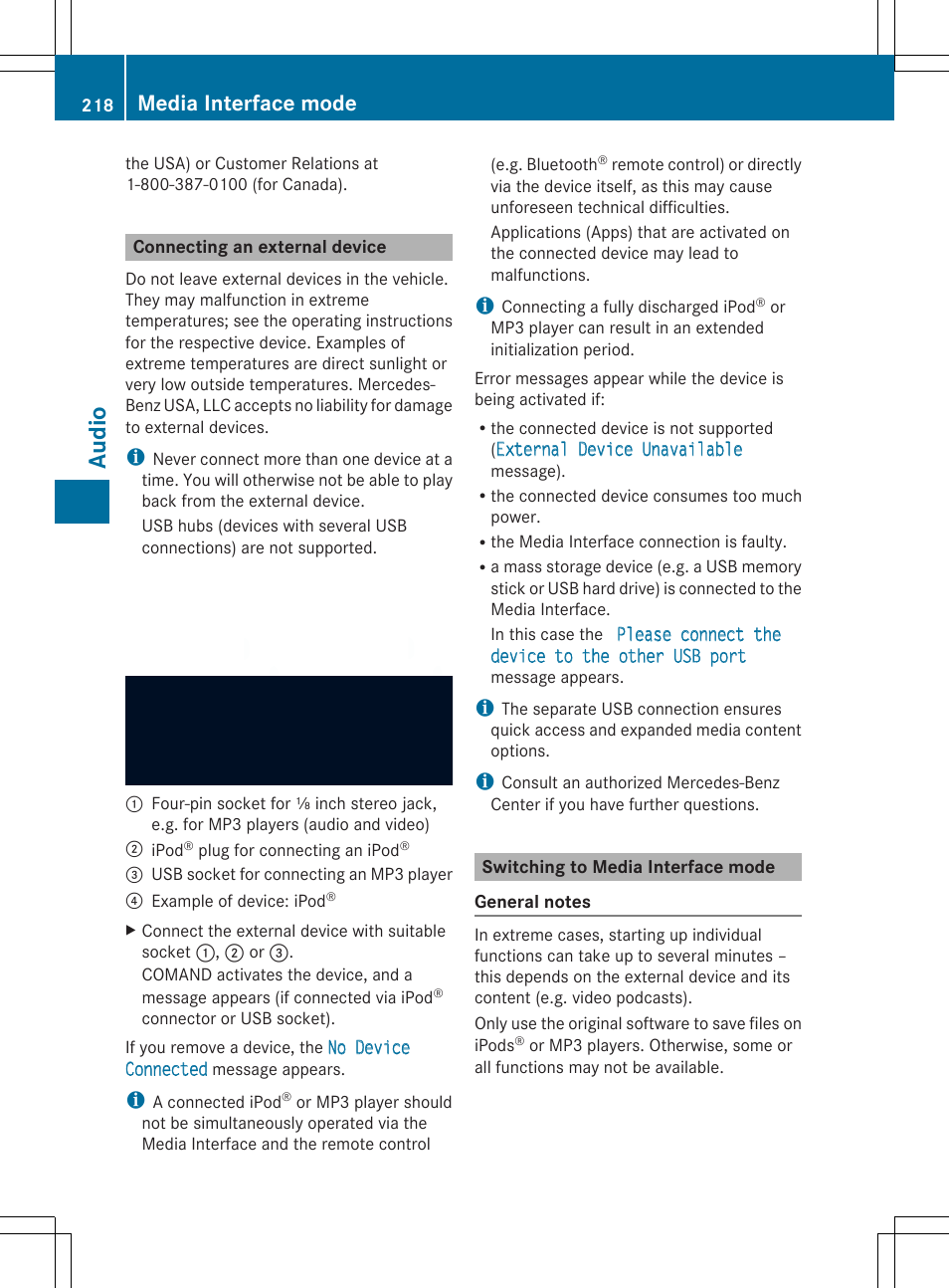 Aud io, Media interface mode | Mercedes-Benz SLS-Class 2013 COMAND Manual User Manual | Page 220 / 274