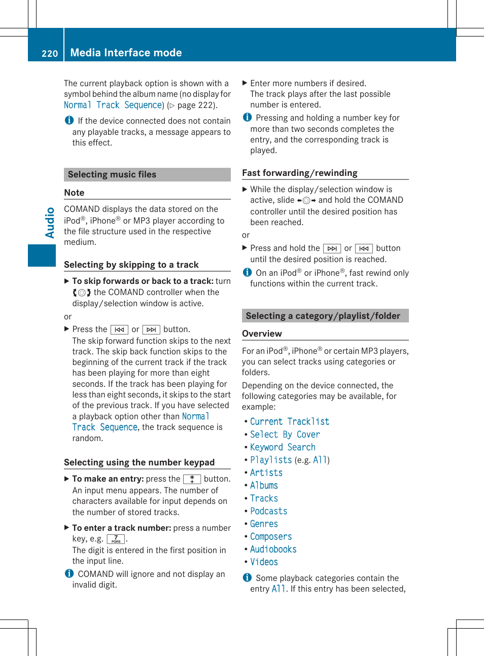 Audio, Media interface mode | Mercedes-Benz SLS-Class 2013 COMAND Manual User Manual | Page 222 / 274