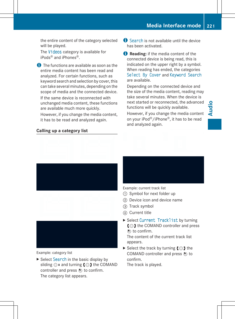 Aud io, Media interface mode | Mercedes-Benz SLS-Class 2013 COMAND Manual User Manual | Page 223 / 274