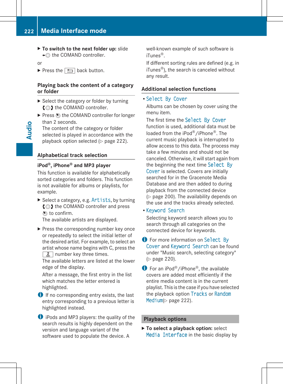 Au dio, Media interface mode | Mercedes-Benz SLS-Class 2013 COMAND Manual User Manual | Page 224 / 274