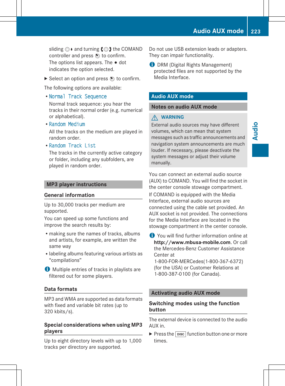 Audio, Audio aux mode | Mercedes-Benz SLS-Class 2013 COMAND Manual User Manual | Page 225 / 274