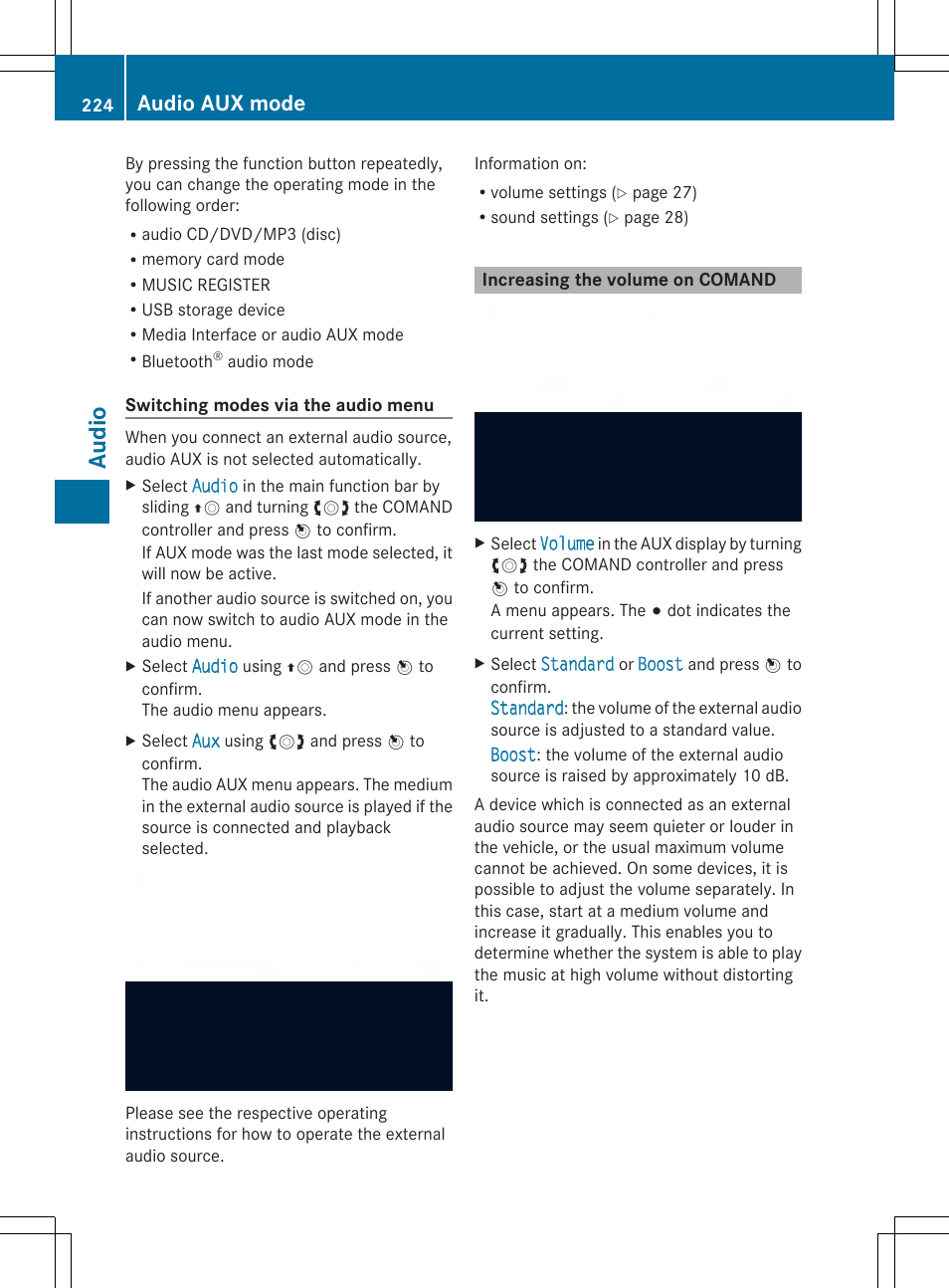 Audi o, Audio aux mode | Mercedes-Benz SLS-Class 2013 COMAND Manual User Manual | Page 226 / 274