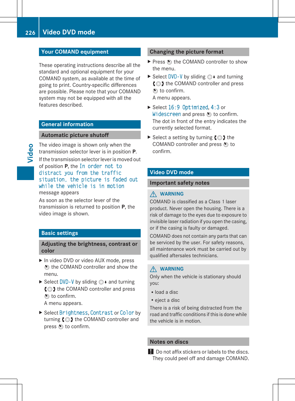 Vid eo, Video dvd mode | Mercedes-Benz SLS-Class 2013 COMAND Manual User Manual | Page 228 / 274