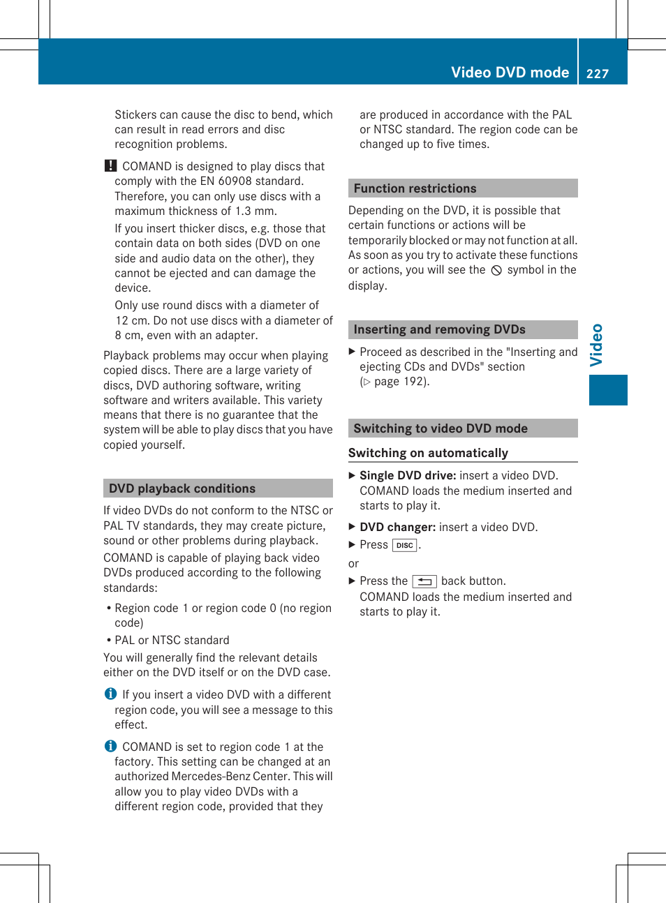 Vide o, Video dvd mode | Mercedes-Benz SLS-Class 2013 COMAND Manual User Manual | Page 229 / 274
