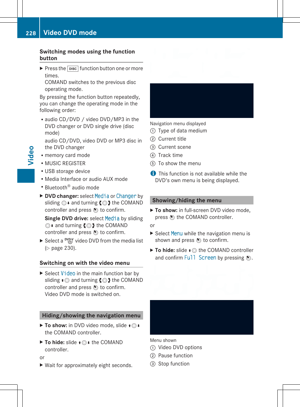 Video, Video dvd mode | Mercedes-Benz SLS-Class 2013 COMAND Manual User Manual | Page 230 / 274