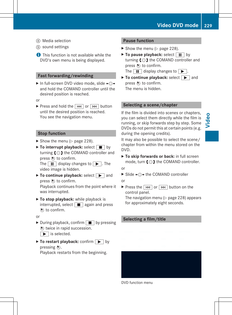 Video, Video dvd mode | Mercedes-Benz SLS-Class 2013 COMAND Manual User Manual | Page 231 / 274