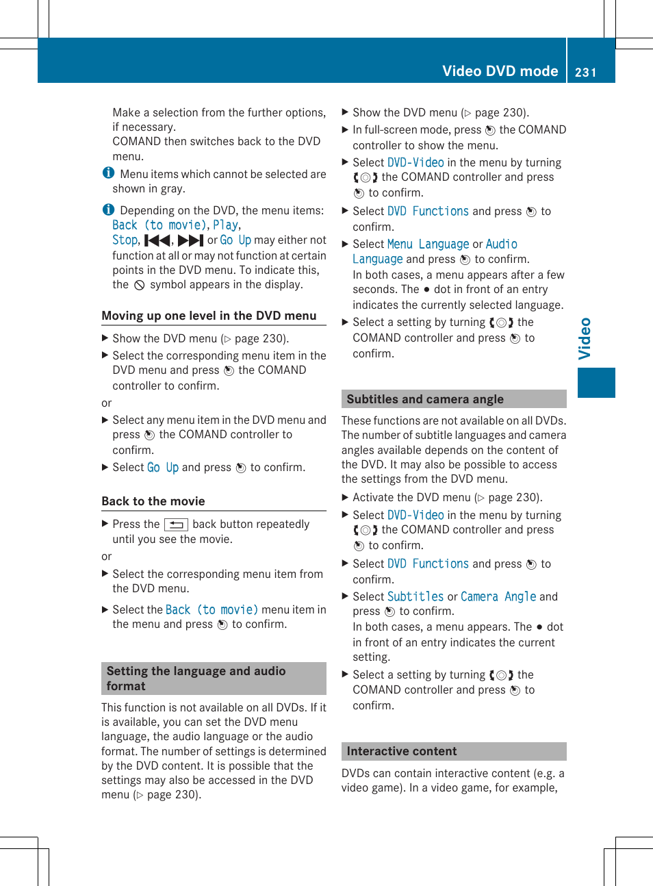 Video, Video dvd mode | Mercedes-Benz SLS-Class 2013 COMAND Manual User Manual | Page 233 / 274