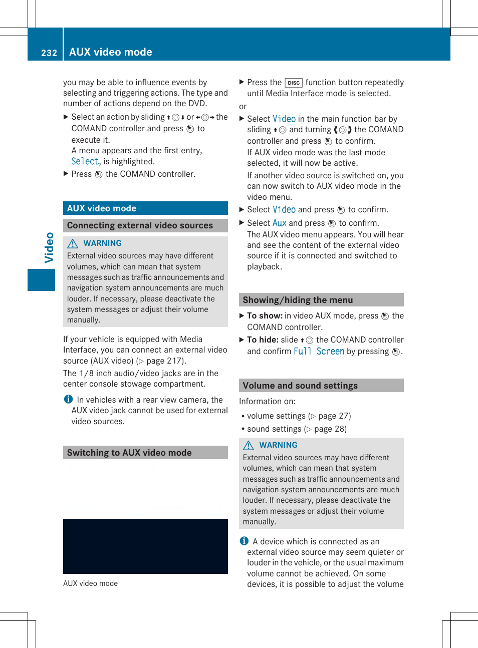 Vid eo, Aux video mode | Mercedes-Benz SLS-Class 2013 COMAND Manual User Manual | Page 234 / 274