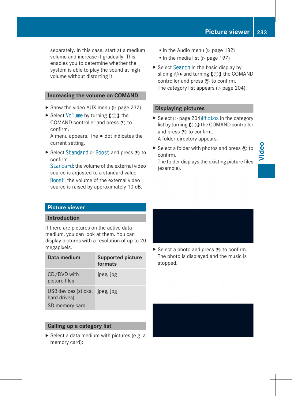 Video, Picture viewer | Mercedes-Benz SLS-Class 2013 COMAND Manual User Manual | Page 235 / 274