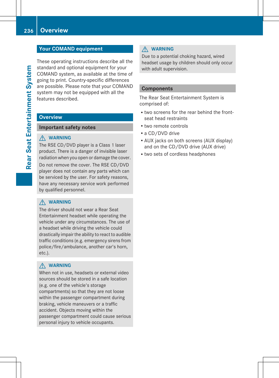 Rea rse at ent er tai nme nt sy ste m, Overview | Mercedes-Benz SLS-Class 2013 COMAND Manual User Manual | Page 238 / 274