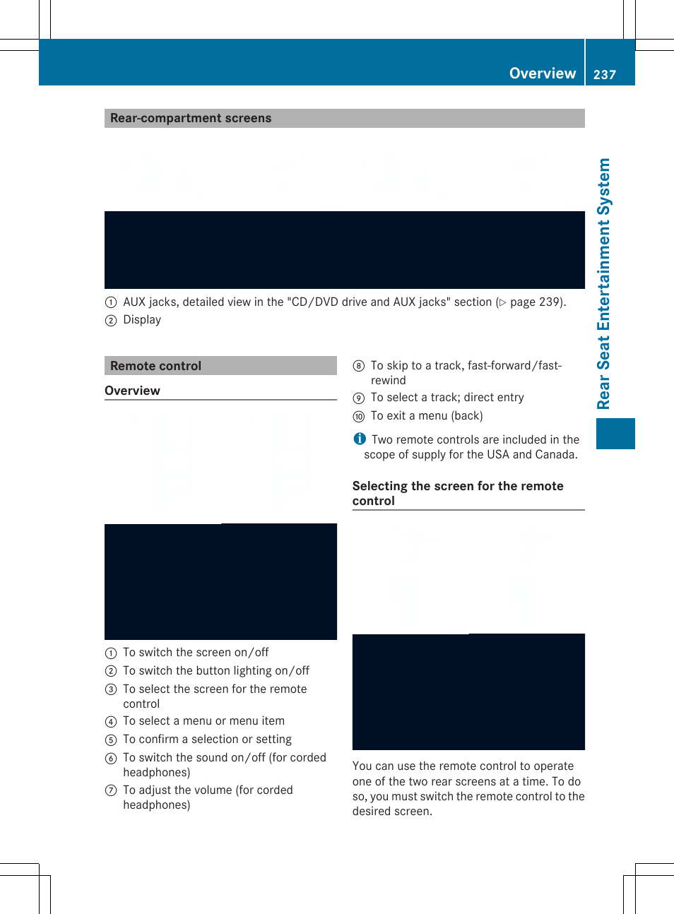 Rear se at en tertain men tsys tem, Overview | Mercedes-Benz SLS-Class 2013 COMAND Manual User Manual | Page 239 / 274
