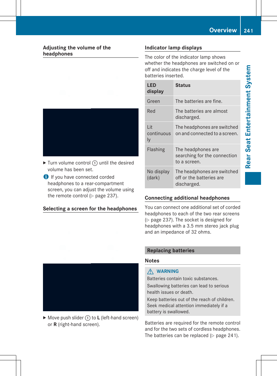 Rea rse at ent er tai nme nt sy ste m, Overview | Mercedes-Benz SLS-Class 2013 COMAND Manual User Manual | Page 243 / 274