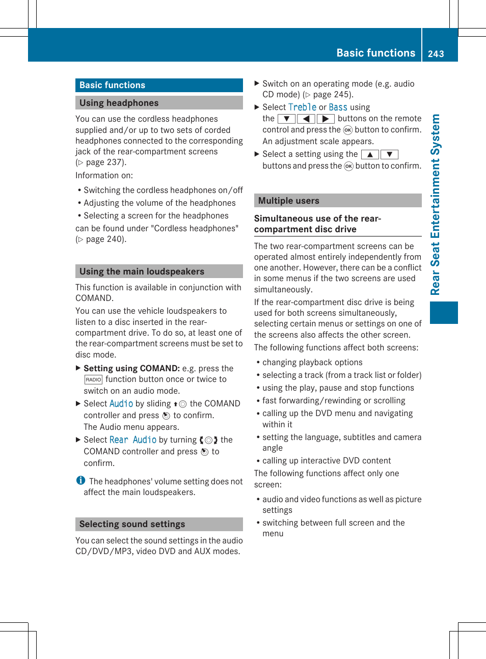 Rear se at en tertai nme nt sys tem, Basic functions | Mercedes-Benz SLS-Class 2013 COMAND Manual User Manual | Page 245 / 274