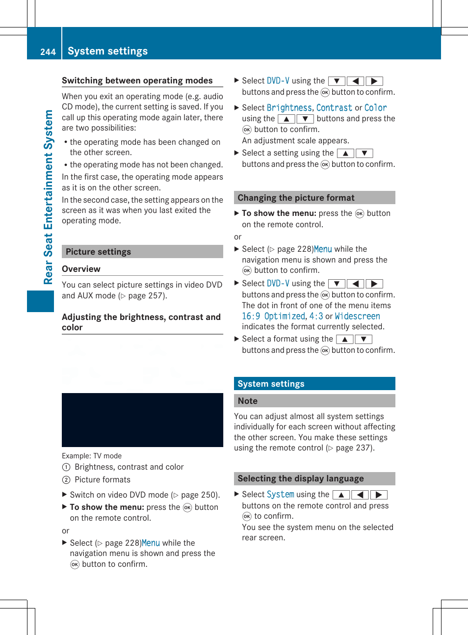 Rear seat entertainment system, System settings | Mercedes-Benz SLS-Class 2013 COMAND Manual User Manual | Page 246 / 274