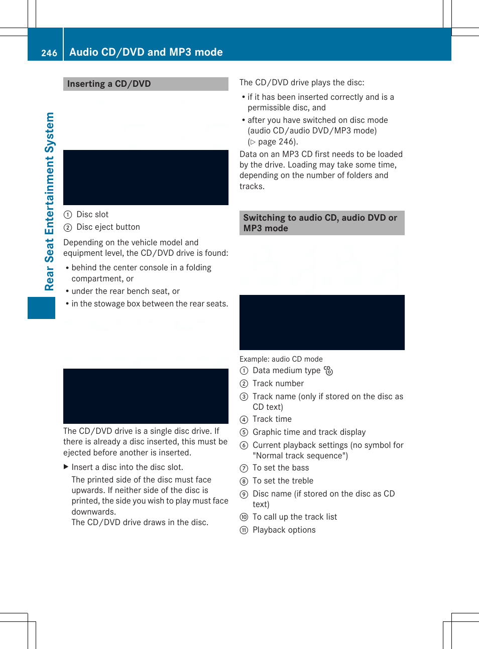 Rea rse at ent er tai nme nt sy ste m, Audio cd/dvd and mp3 mode | Mercedes-Benz SLS-Class 2013 COMAND Manual User Manual | Page 248 / 274