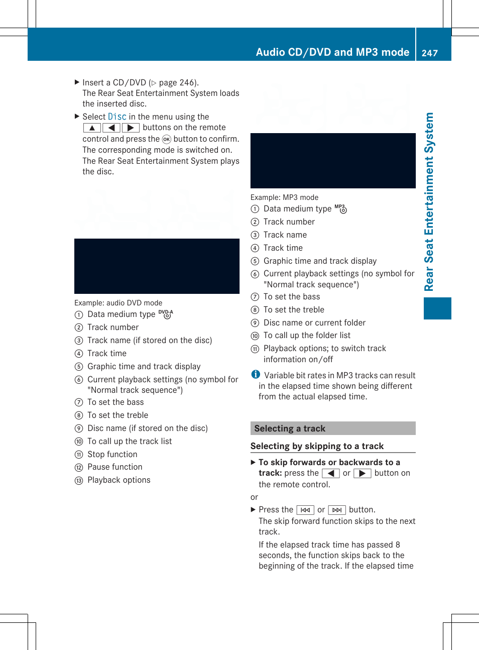 Rear seat entertainment system, Audio cd/dvd and mp3 mode | Mercedes-Benz SLS-Class 2013 COMAND Manual User Manual | Page 249 / 274